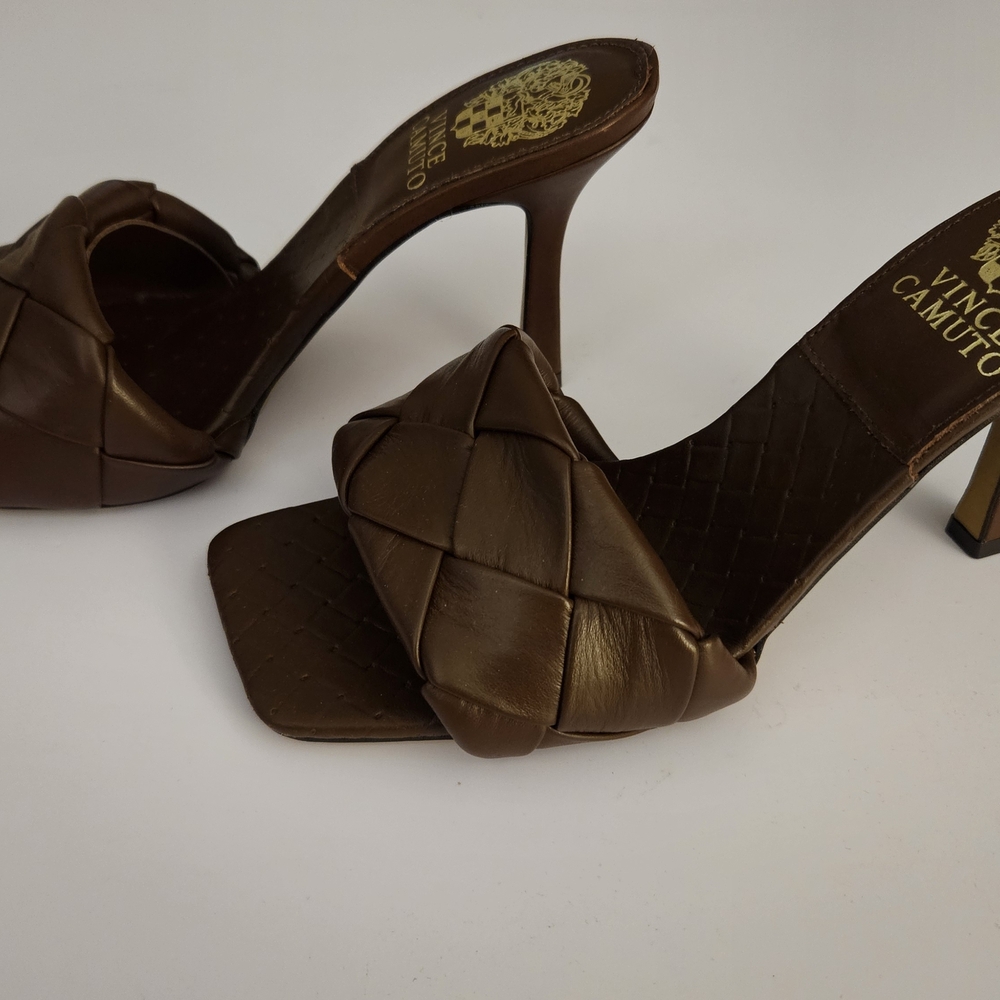 Vince Camuto Dark Brown Woven Leather Square-Toe Slide Heels